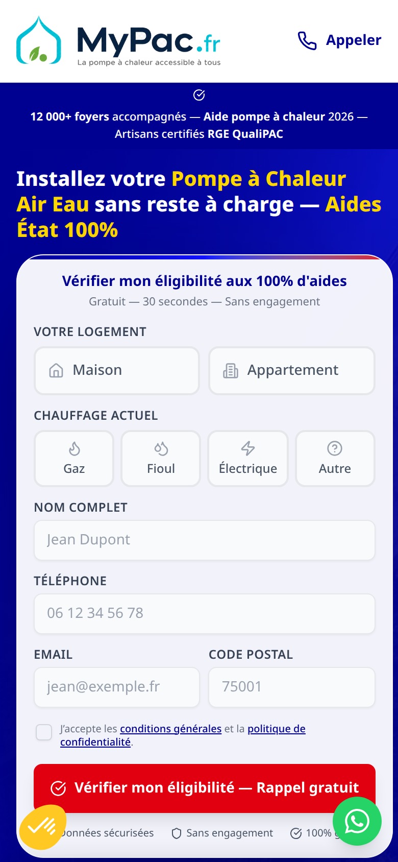 Aperçu réel du site MyPAC sur smartphone